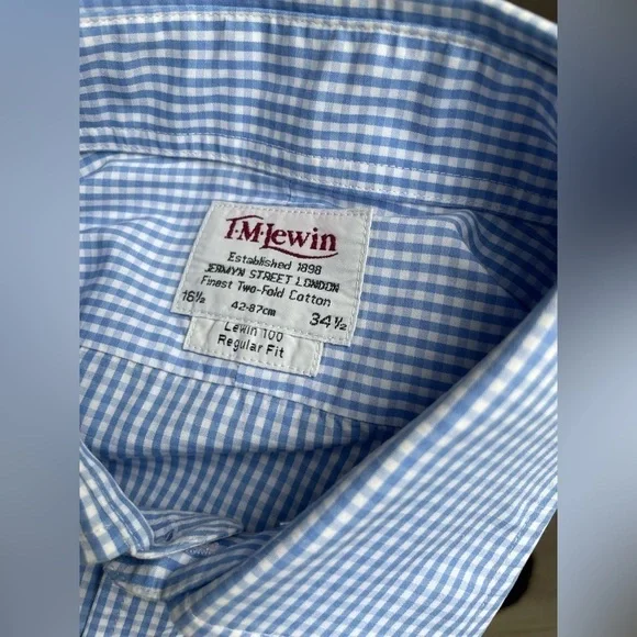 T.M. Lewin - Blue and white checkered dress button down shirt. Double cuff. - Picture 3 of 4